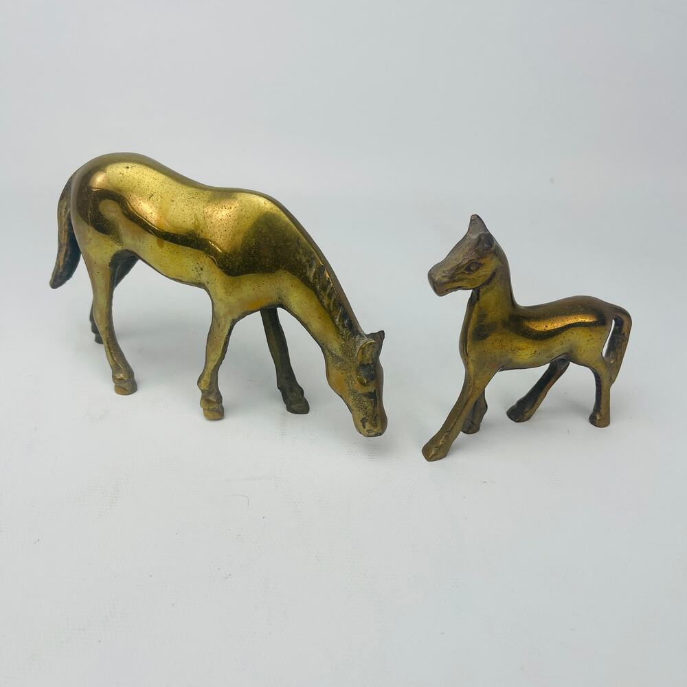 Vintage Brass Horse Figurines Grazing and Standing